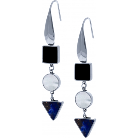 Boiucles d'oreille acier  - carré onyx - rond nacre - triangle lapis lazuli