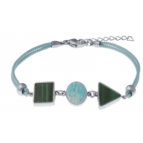 Bracelet acier - coton vert clair - carré malachite - rond amazonite - triangle malachite - 16+4cm