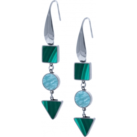 Boucles d'oreille acier  - carré malachite - rond amazonite - triangle malachite