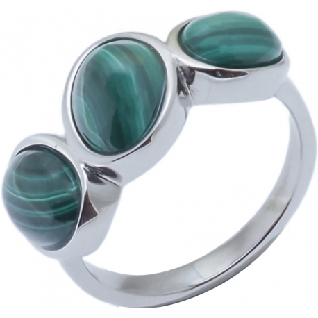 Bague acier - 3 cabochons en malachite - T52 à 64