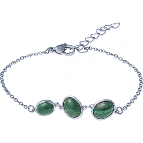 Bracelet acier - 3 cabochons en malachite - 16+4cm