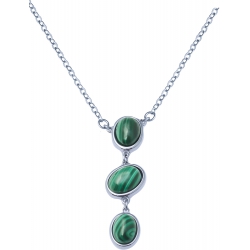 Collier acier - 3 cabochons en malachite - 45+5cm