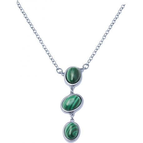 Collier acier - 3 cabochons en malachite - 45+5cm