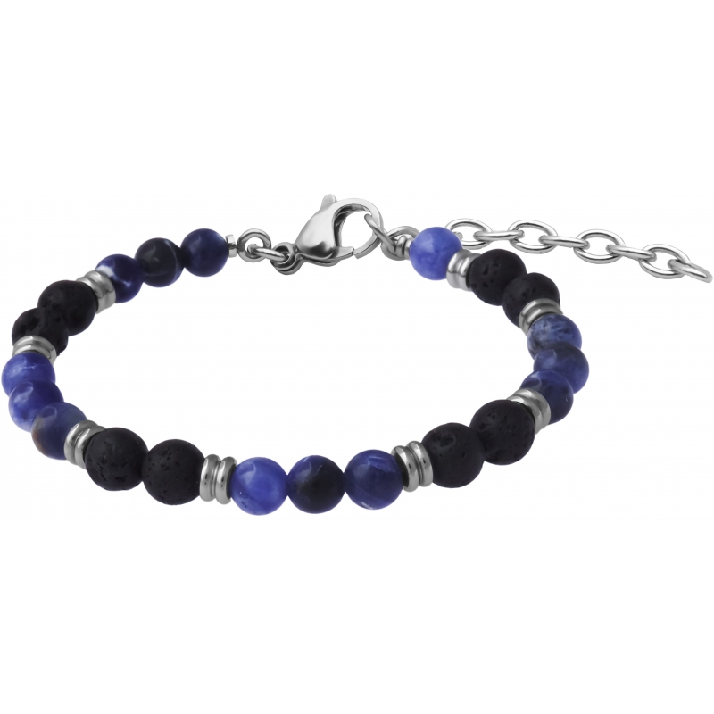 Bracelet acier perles naturelles agate bleu & pierre de lave