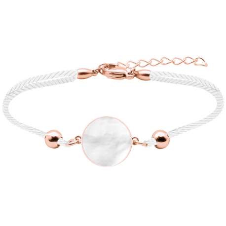 Bracelet acier rosé - coton noir - nacre blanche - diamètre pierre 22mm - 16+4cm