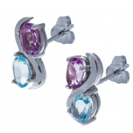 Boucles d'oreille en argent rhodié 2,9g- améthyste - topaze bleue - 1,2 carat