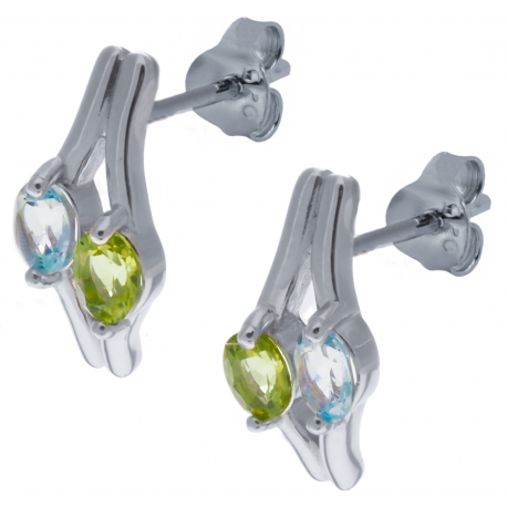 Boucles d'oreille en argent rhodié 2,6g  - topaze bleue - péridot - 0,8 carat