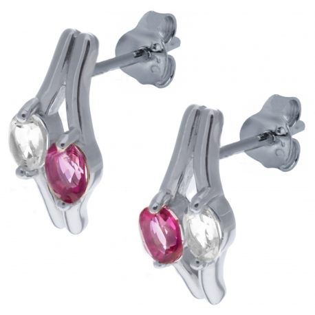 Boucles d'oreille en argent rhodié 2,6g  - topaze enrobée rose - cristal de roche - 1 carat