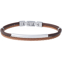 Bracelet acier 2 rangs - cable marron - cuir marron - composants acier - 19,5+1,5cm - réglable