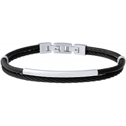 Bracelet acier 2 rangs - cable noir - cuir noir - composants acier - 19,5+1,5cm - réglable