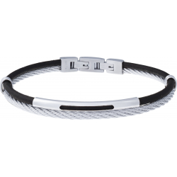 Bracelet acier 2 rangs - cable acier - cuir noir - composants acier - 19,5+1,5cm - réglable