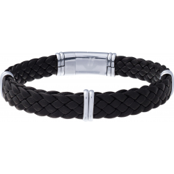 Bracelet acier - cuir noir italien tressé - largeur 1cm - 10 composants acier - 20,5cm