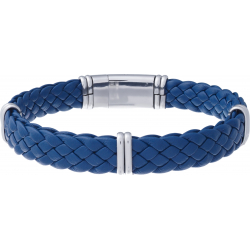 Bracelet acier - cuir bleu italien tressé - largeur 1cm - 10 composants acier - 20,5cm