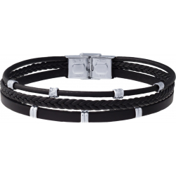 Bracelet acier - cuir italien noir 3 rangs tressés brins et lisse - composants acier - 21,5cm