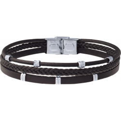 Bracelet acier - cuir italien marron 3 rangs tressés brins et lisse - composants acier - 21,5cm