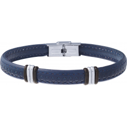 Bracelet acier - cuir bleu italien - 4x2 composants acier - 21,5cm