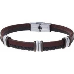 Bracelet acier - cuir italien - marron lisse et noir tressé -  4x3 composants acier - 21,5cm