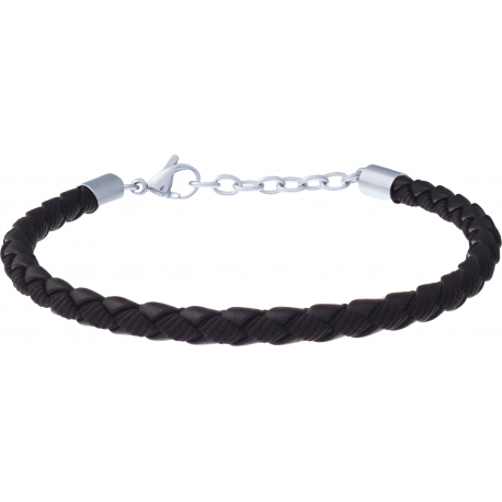 Bracelet acier - cuir noir italien tressé - toile nautique noir - 19+4cm