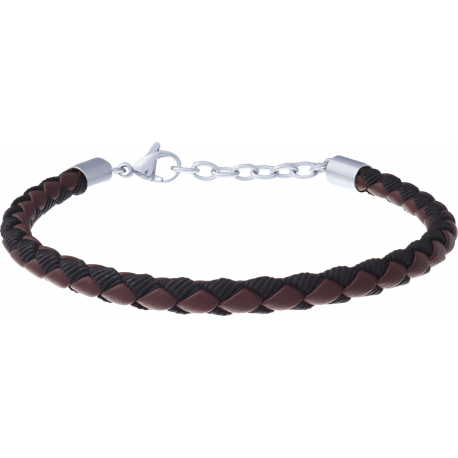Bracelet acier - cuir marron italien tressé - toile nautique noir - 19+4cm