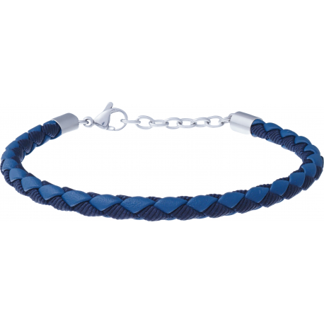 Bracelet acier - cuir bleu italien tressé - toile nautique noir - 19+4cm