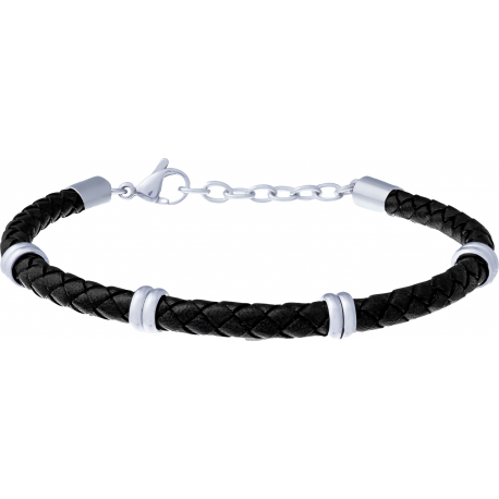 Bracelet acier - cuir tressé noir italien - composants acier - 19+4cm