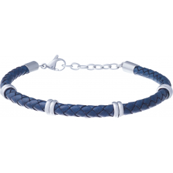 Bracelet acier - cuir tressé bleu italien - composants acier - 19+4cm