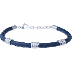 Bracelet acier - cuir tressé bleu italien - composants acier et acier diamantés - 19+4cm