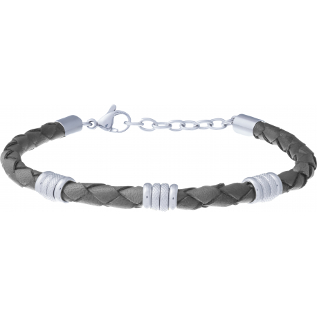 Bracelet acier - cuir tressé gris italien - composants acier et acier diamantés - 19+4cm