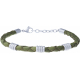 Bracelet acier - cuir tressé vert italien - composants acier et acier diamantés - 19+4cm