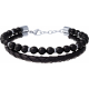 Bracelet acier 2 rangs - cuir noir italien tressé - onyx - 8 composants acier diamantés  - 19+4cm