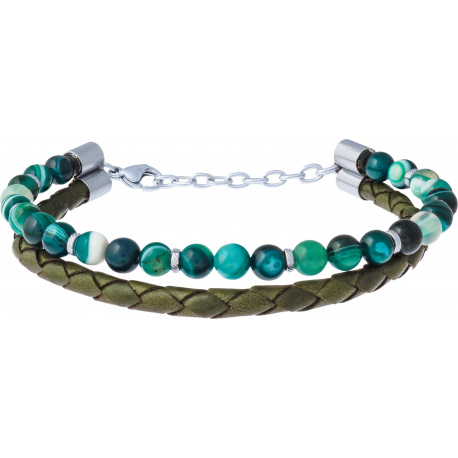 Bracelet acier 2 rangs - cuir vert italien tressé - agate verte - 8 composants acier diamantés - 19+4cm