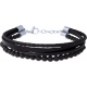 Bracelet acier 4 rangs - cuir noir italien - tressé lisse et brins - pierre de lave - 19+4cm