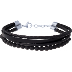 Bracelet acier 4 rangs - cuir noir italien - tressé lisse et brins - pierre de lave - 19+4cm