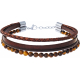 Bracelet acier 4 rangs - cuir marron italien - tressé lisse et brins - il de tigre - 19+4cm