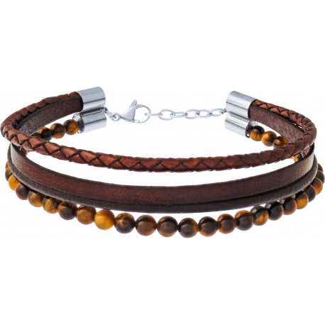 Bracelet acier 4 rangs - cuir marron italien - tressé lisse et brins - il de tigre - 19+4cm