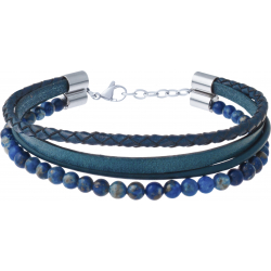 Bracelet acier 4 rangs - cuir bleu italien - tressé lisse et brins - lapis lazuli - 19+4cm