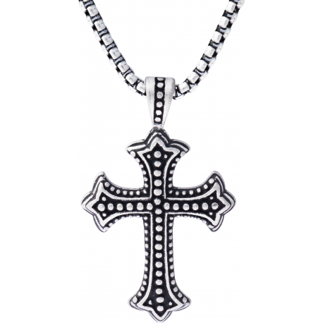 Collier acier - croix 38x30mm - chaîne acier vieilli 50+10cm