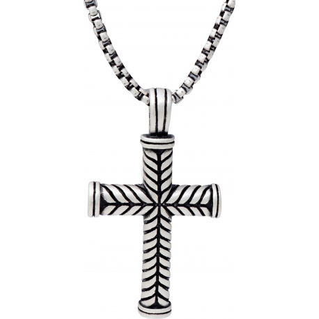 Collier acier - croix 44x30mm - chaîne acier vieilli 50+10cm