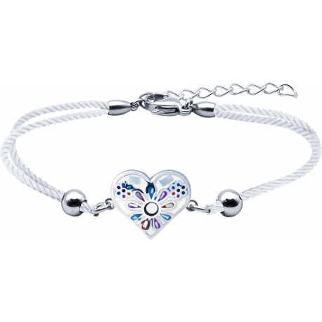 Bracelet acier - nacre - émail - coeur - coton blanc - 16+4cm