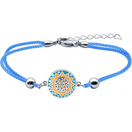 Bracelet acier - nacre - émail - coton bleu - 16+4cm