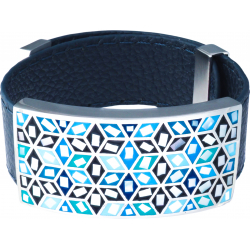 Bracelet acier - émail - nacre - cuir bleu foncé - largeur 2cm - longueur 23,5cm