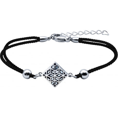 Bracelet acier - nacre - émail - coton noir - 16+4cm