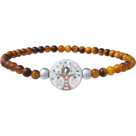 Bracelet élastique - il de tigre 4mm - acier arbre de vie - nacre - émail - 18,5cm