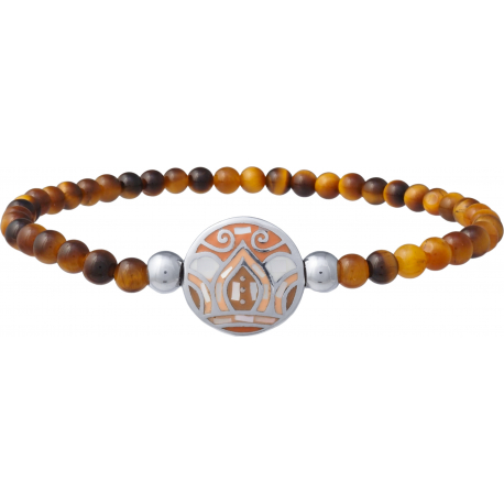 Bracelet élastique - il de tigre 4mm - acier feuilles orangées - nacre - émail - 18,5cm