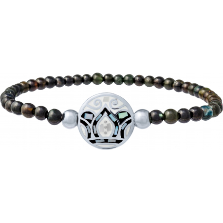 Bracelet élastique - tourmaline noir 4mm - acier feuilles noires & blanches - nacre - émail - 18,5cm