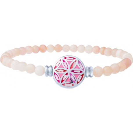 Bracelet élastique - opale rose 4mm - acier fleur de vie - nacre - émail - 18,5cm