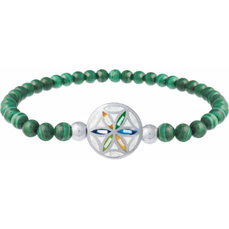 Bracelet élastique - malachite 4mm - acier fleur de vie - nacre - émail - 18,5cm