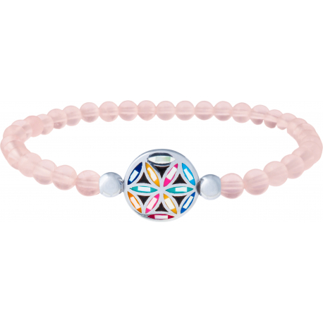 Bracelet élastique - quartz rose 4mm - acier fleur de vie - nacre - émail - 18,5cm