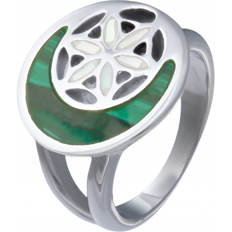 Bague acier - nacre - émail - fleur de vie - 15mm - malachite - T50 à T64