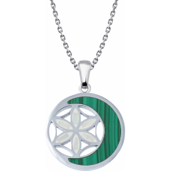 Collier acier - nacre - émail - fleur de vie - 25mm - malachite - longueur 45+5cm